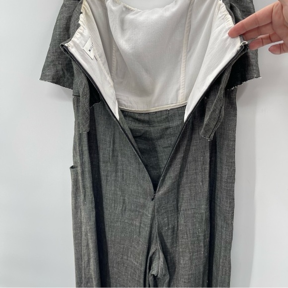 MILLY Black Denim Chambray Ruffle Popover Strapless Open Leg Pant Jumpsuit 6 - Picture 7 of 13